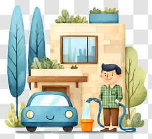 Cartoon Man Washing Car - Man Washing Car At Home Transparent PNG