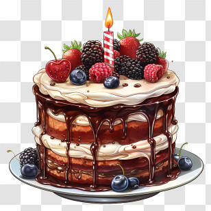Birthday Cake - Chocolate Cake With Fruits And Single Candle Transparent PNG