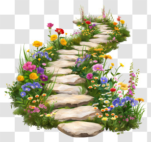 Spring Garden Path - Beautiful Garden Pathway With Colorful Flowers Transparent PNG