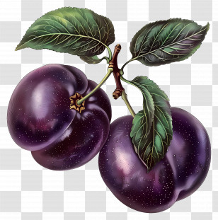 Plum - Illustration Of Purple Plums With Leaves Transparent PNG
