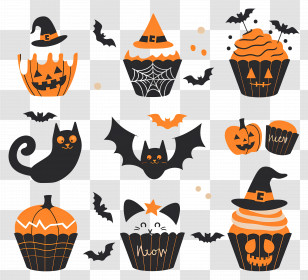 Halloween Cupcakes - Halloween-Themed Cupcakes With Bats And Witch Hats Transparent PNG