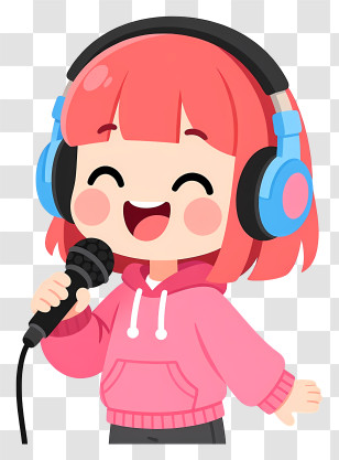 Kawaii Girl Singing - Cute Pink-Haired Singer With Headphones Transparent PNG