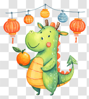 Cute Chinese Dragon - Cartoon Dragon Holding Orange With Lanterns Transparent PNG