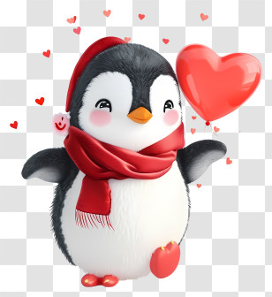 Psd 3d Valentine Penguin - Adorable Penguin With Red Heart Illustration Transparent PNG