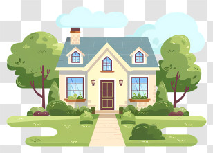 Lawn House - Cartoon Cute House With Green Garden Transparent PNG