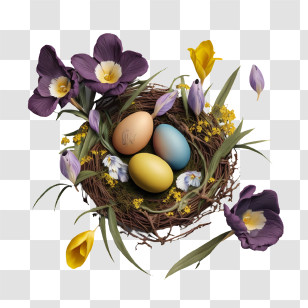 Dyed Easter Eggs - Easter Eggs With Floral Decorations And Nest Transparent PNG