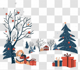 Christmas Card - Winter Landscape With Trees And Gifts Transparent PNG