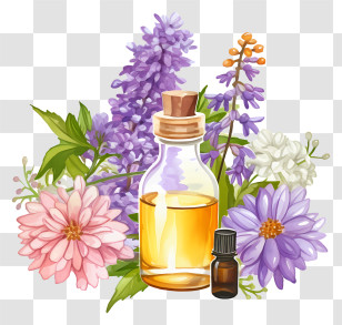 Hand Drawn Flower Essences Therapy - Flowers And Bottles With Essential Oils Transparent PNG