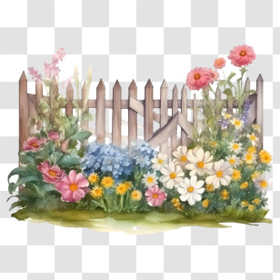 Wooden Garden Fence - Floral Garden With Wooden Fence And Colorful Blooms Transparent PNG