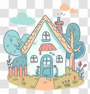 Cottage - Cute Doodle House With Trees Transparent PNG