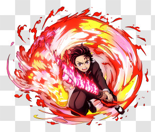 Tanjiro Kamado - Swordsman With Fiery Sword In Action Transparent PNG