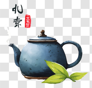Tea Ink Painting - Blue Teapot With Green Leaves Transparent PNG
