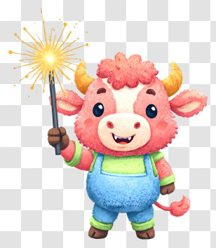 Cow Mascot Celebrating New Year - Cute Ox With Sparkler Transparent PNG