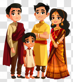 Indian Family - Cartoon Traditional Family Portrait With Smiling Characters Transparent PNG