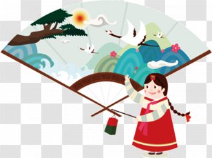 South Korea Illustration - Royaltyfree - Folding Fan Korean Cartoon Style Decorative Patterns Transparent PNG