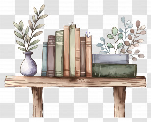 Books On Shelf - Vintage Books On Wooden Shelf With Vase Illustration Transparent PNG