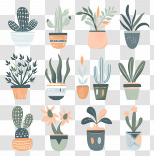 Flowers In Pots - Potted Plants In Pastel Colors Illustration Transparent PNG