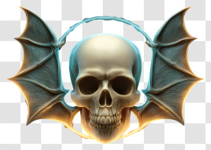 Glowing Skull With Bat Wings - Gold-Teal Winged Skull Emblem Transparent PNG