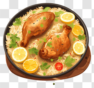 Hand Drawn Chicken Biryani - Flavorful Chicken Drumsticks With Rice And Lemon Transparent PNG
