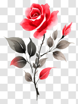 Rose Ink Painting - Red Rose With Green Leaves Transparent PNG