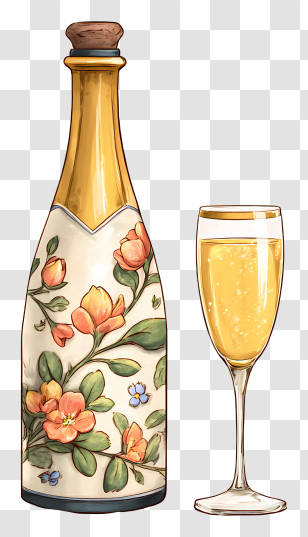 Wine Bottle And Champagne - Floral Decorative Bottle And Glass Transparent PNG