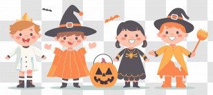 Halloween Kids - Kids In Halloween Costumes With Pumpkin Basket Transparent PNG