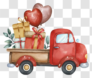 Red Pickup Truck - Red Cartoon Truck Carrying Gifts And Balloons Transparent PNG