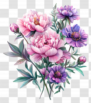 Pink Bouquet - Colorful Peonies And Purple Flowers Illustration Transparent PNG