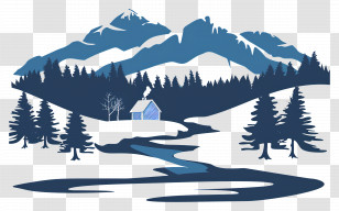 Snowy Mountains Background - Winter River Scene With Cabin Transparent PNG