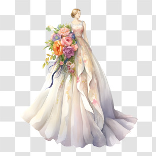 Wedding Dress
 - Elegant Wedding Dress With Floral Bouquet In Illustration Transparent PNG