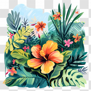 Hibiscus Flowers With Tropical Foliage - Tropical Hibiscus Flowers With Lush Foliage Art Transparent PNG