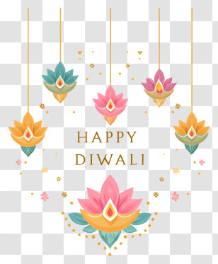 Happy Diwali With Lotus Flowers - Happy Diwali Hanging Diyas Transparent PNG