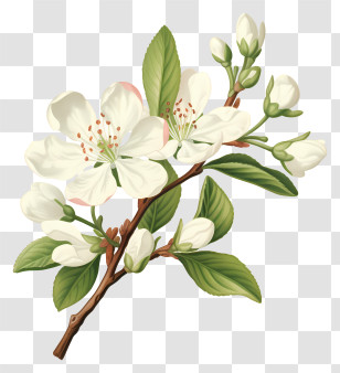 White Apple Tree - White Blossoms With Green Leaves On Branch Transparent PNG