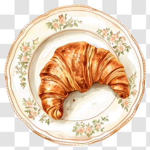 Croissant - Croissant On A Decorative Floral Plate Transparent PNG