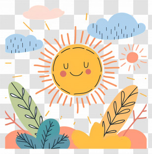 Sun Cartoon With Plants - Happy Sun Cartoon With Nature Elements Transparent PNG