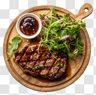Steak - Grilled Steak With Greens On Wooden Plate Transparent PNG