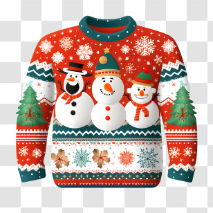 Ugly Sweater Day - Festive Red Christmas Sweater With Snowmen Transparent PNG