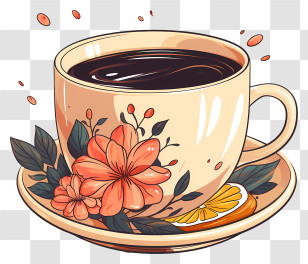 Coffee Cup - Decorative Coffee Cup With Floral Design Transparent PNG