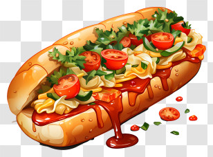 Hot Dog Illustration - Veggie Loaded Sandwich With Dripping Sauce Transparent PNG