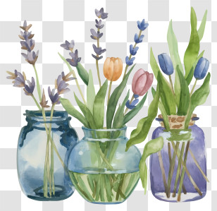 Cartoon - Watercolor Flowers In Decorative Glass Jars Transparent PNG