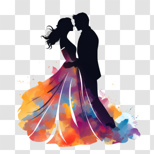 Wedding Couple Silhouette - Silhouette Of Dancing Couple With Colorful Dress Transparent PNG
