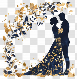 Wedding Silhouette - Floral Wedding Silhouette Of A Couple In Gold And Navy Tones Transparent PNG