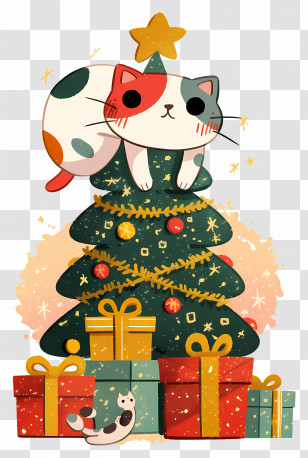 Christmas Cat - Cute Cat On Christmas Tree With Gifts Transparent PNG