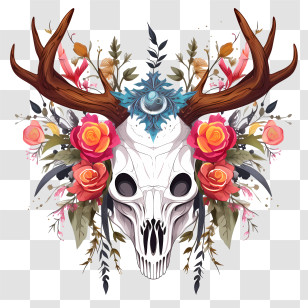 Deer Skull - Deer Skull Decorated With Antlers And Flowers Transparent PNG