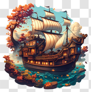Autumn Cruise - Sailing Ship With Autumn Leaves Transparent PNG