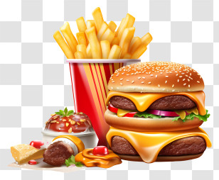 Fast Food Burger - Cheeseburger Combo With Fries And Sauce Transparent PNG