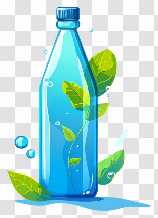 Mineral Spring Water - Illustration Of Blue Bottle With Green Leaves Transparent PNG