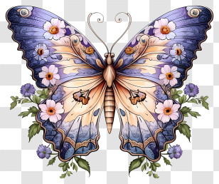 Blue Butterfly - Illustrated Patterned Butterfly With Floral Design Transparent PNG