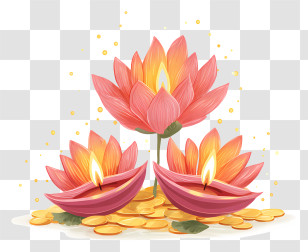 Diyas Arranged Lotus Flower - Lotus Diyas With Gold Coins Transparent PNG