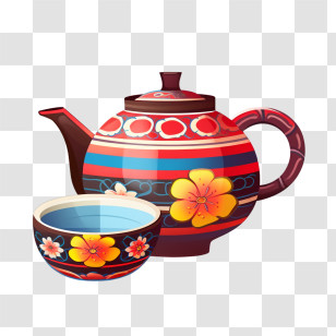 Teapot - Decorative Teapot And Teacup With Floral Design Transparent PNG